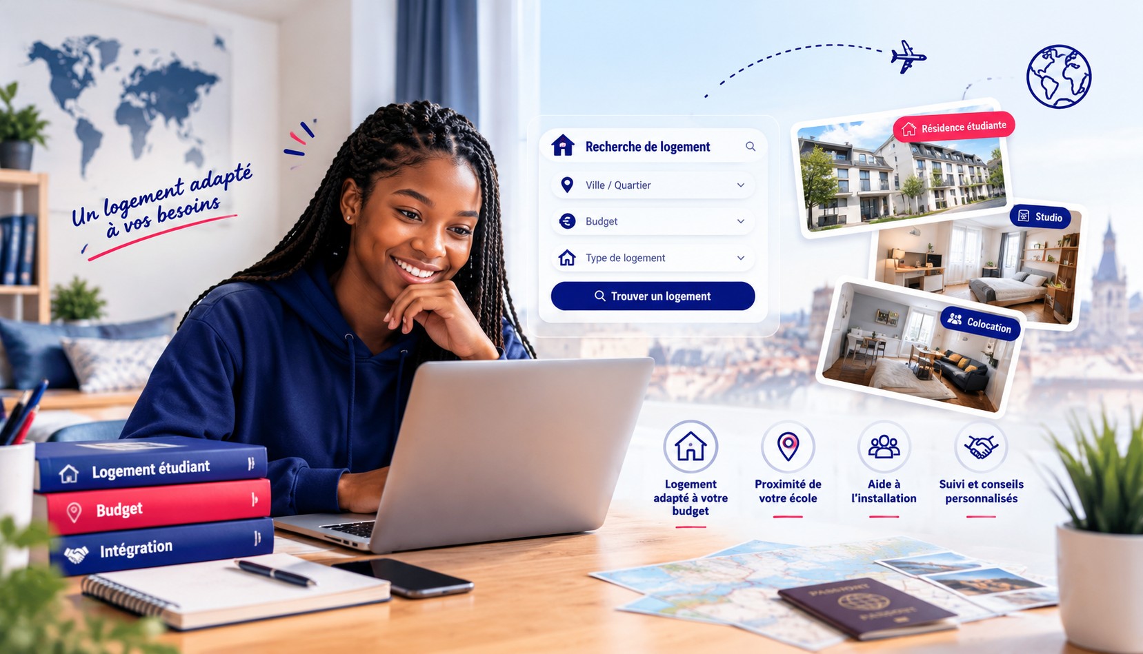 Recherche de logement étudiant (résidence étudiante, studio, colocation, avec accompagnement personnalisé)